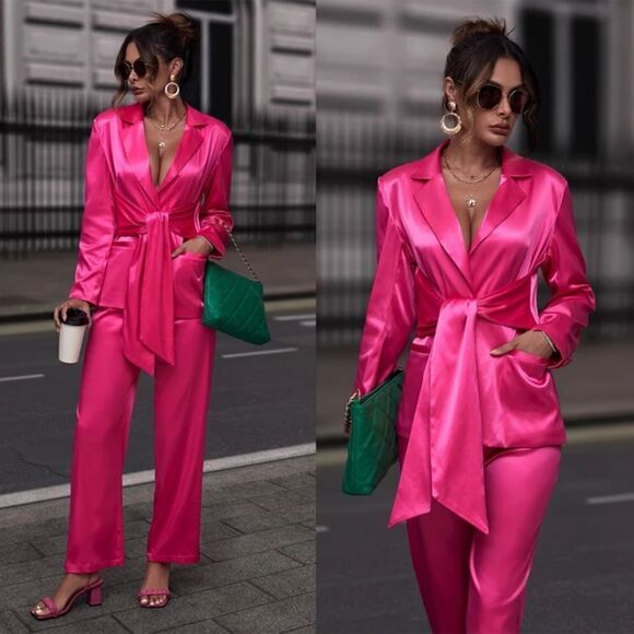 ZARA MATCHING SET TIED SATIN EFFECT BLAZER PINK  AND PANTS ZARA - Picture 1 of 16
